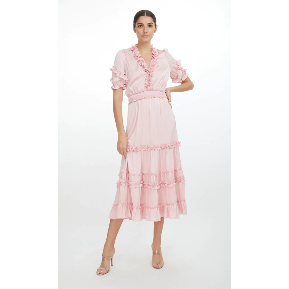 Generation Love Womens Fleur Satin Midi Dress Ruffle Tiered Pastel Pink Sz 3/S